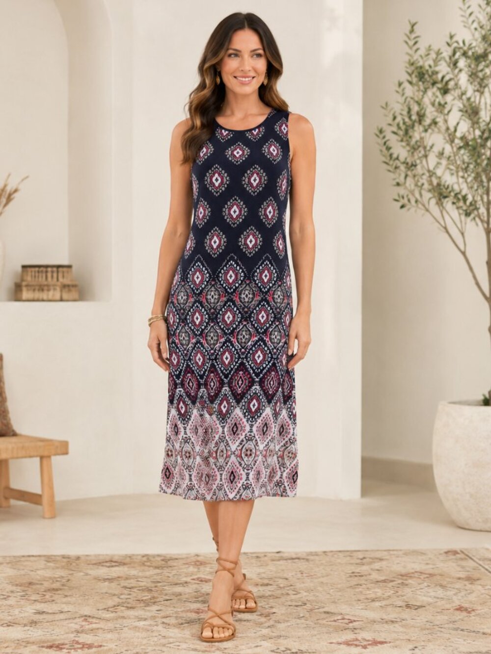 Dana Buchman Long Sleeveless Boho Midi Dress Size S Soft Flowy Lined Casual